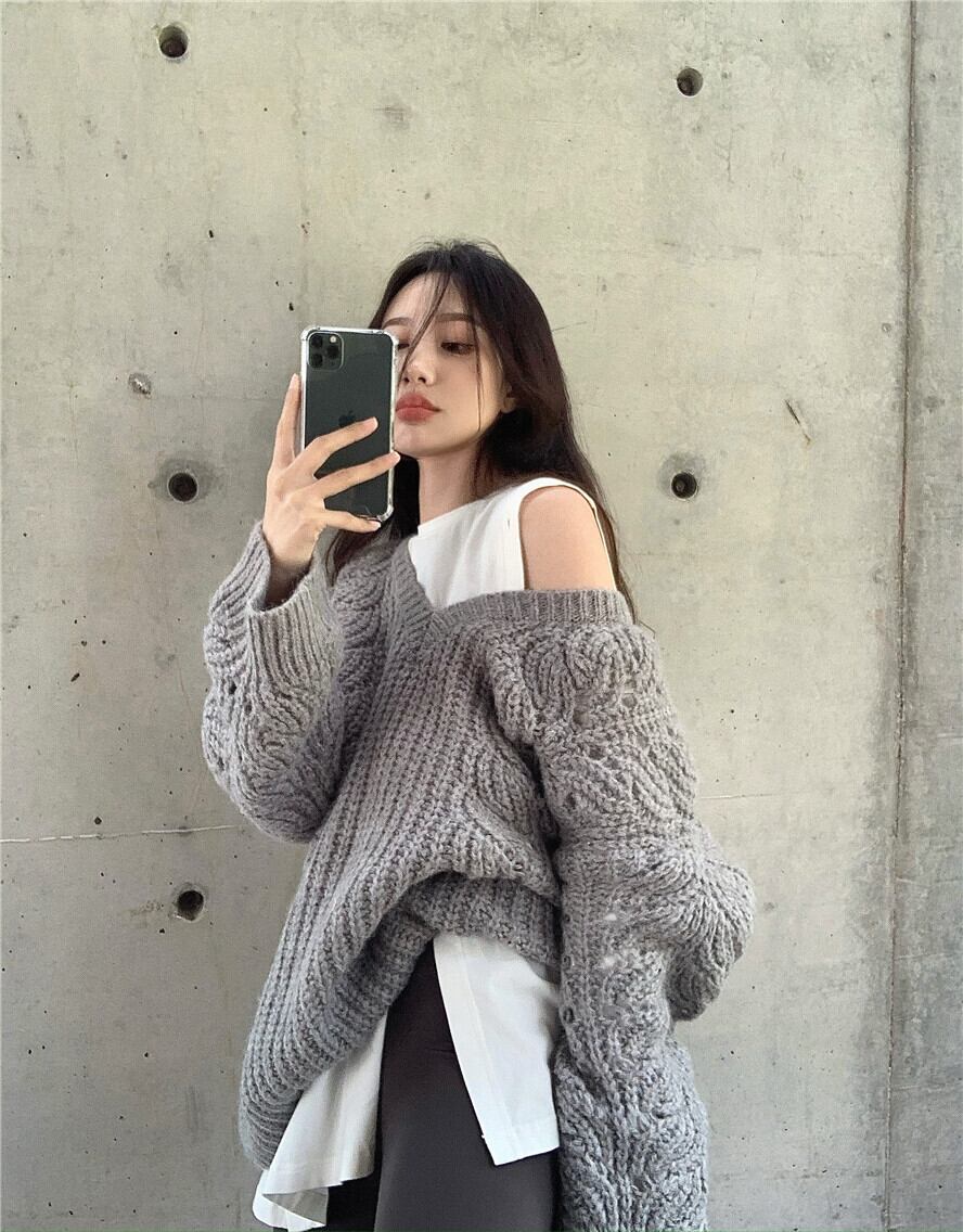 セーターレディース秋冬グレーレトロルーズレイジーウィンドジャケット厚手ニットセーターミドル丈ヘッジアウタージャケット ブラックストロベリース67188181296