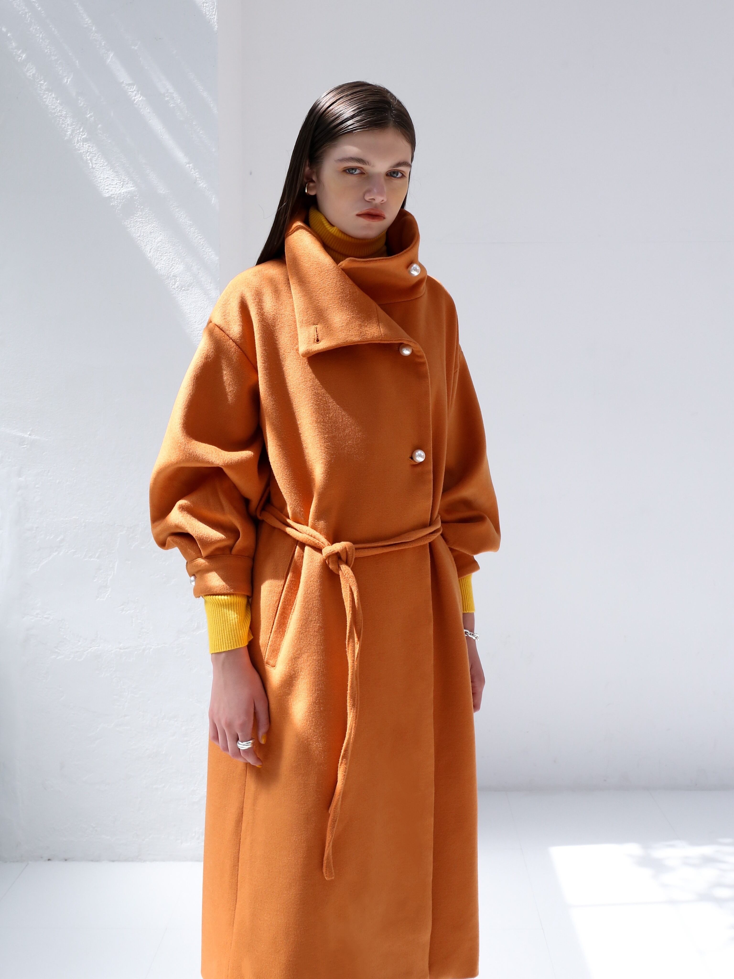 Cara  stand collar peal wool coat