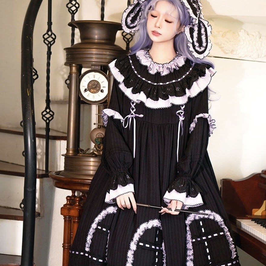 ゴスロリ ワンピース レース×姫系クラシック ブラック×ラベンダー