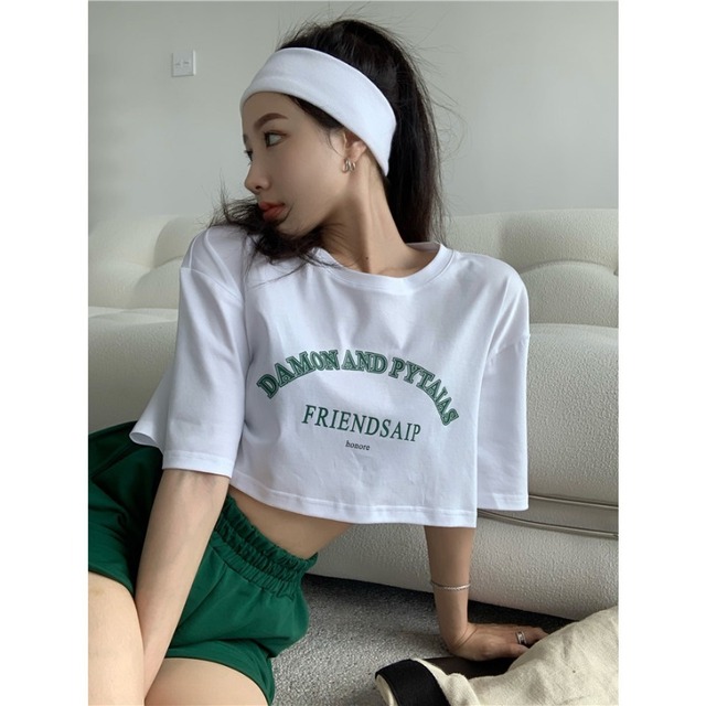 Tシャツ サマー薄手ショートハイウェストウェストホワイトルーズ半袖スリーブトップス ハーフスリーブ 大人ガーリー スウィート キュート カジュアル 夏物 ブラックストロベリース4016961070