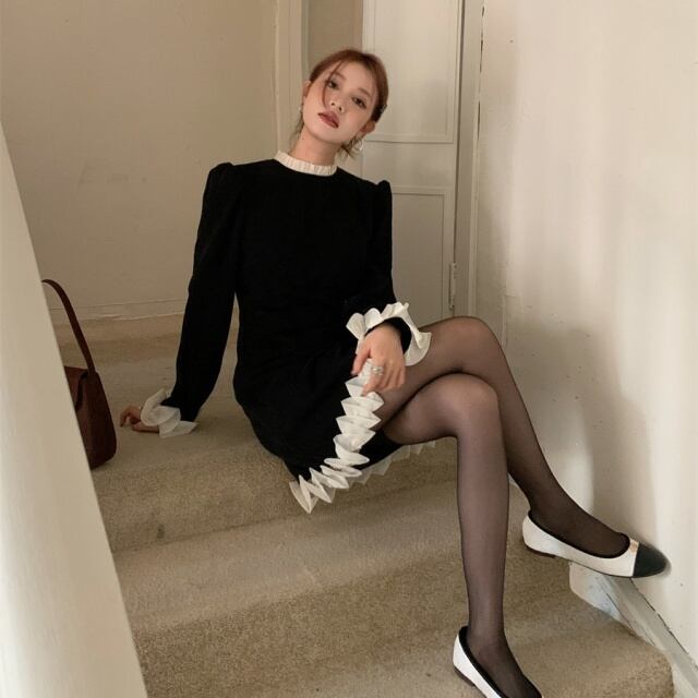 予約販売】ワンピース レディース バイカラー モノトーン 長袖 ミニ