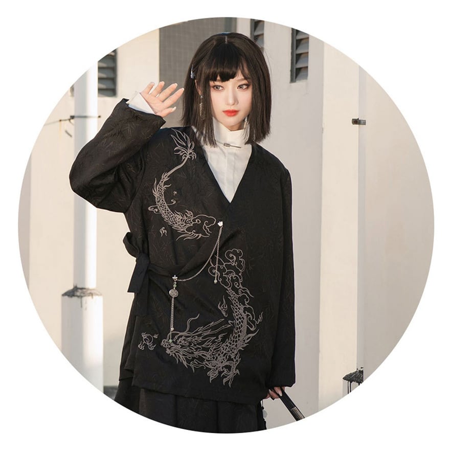 チャイナ風 羽織り 長袖トップス ジャケット 龍刺繍 ドラゴン 闇