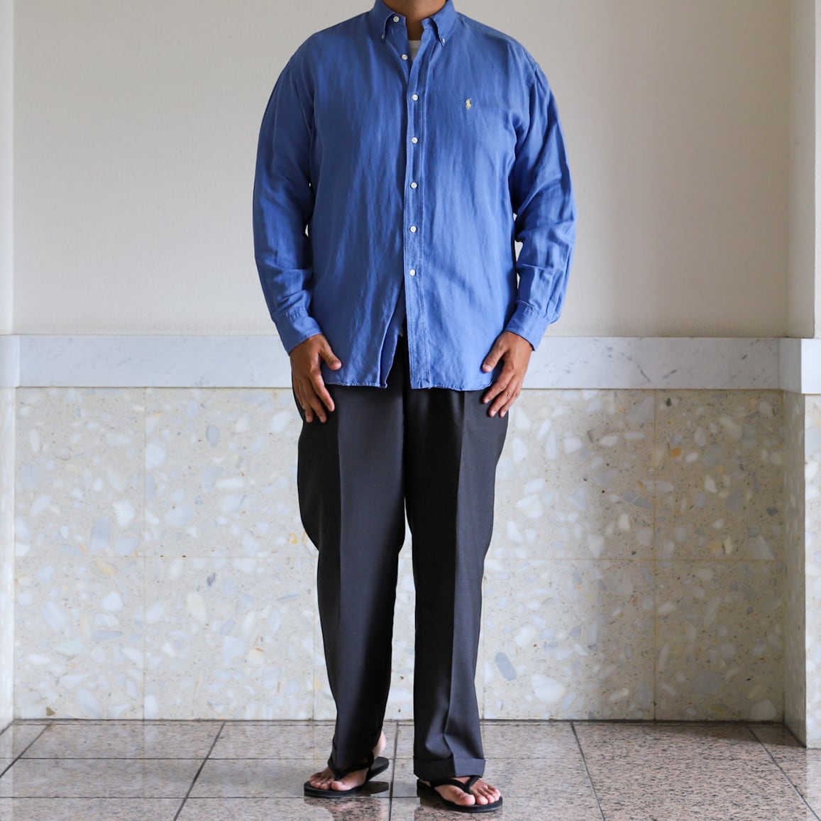 逸品】80s Ralph Lauren special silk linen shirt fade blue 