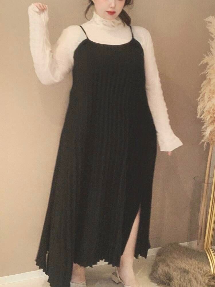 スリットプリーツマキシキャミワンピース エレガント きれいめ おしゃれ 大きいサイズ 韓国 CH4343