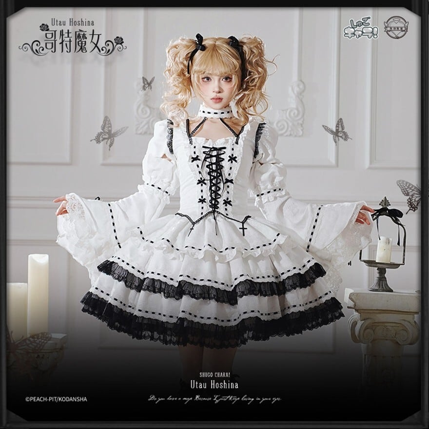 白黒レースのアイドル系ゴシックロリィタワンピース｜クロスリボン