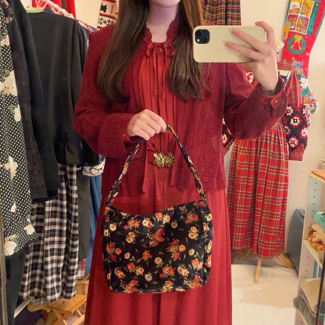 flower velours hand bag