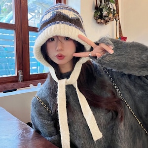 フェアアイル柄 バケットハット レディース 秋冬 北欧 レトロ 防寒 保温 おしゃれ 大人 かわいい きれいめ フェミニン 韓国ファッション バッグとしても使える 大人可愛い 大人女子