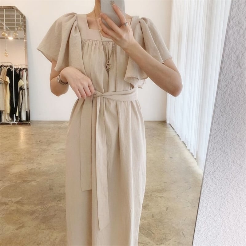 2023夏新作 スクエアネック フライングスリーブワンピース 綿麻スカート