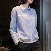 レースライン切替 ブルーストライプシャツ シアーレイヤード風 　　 00058