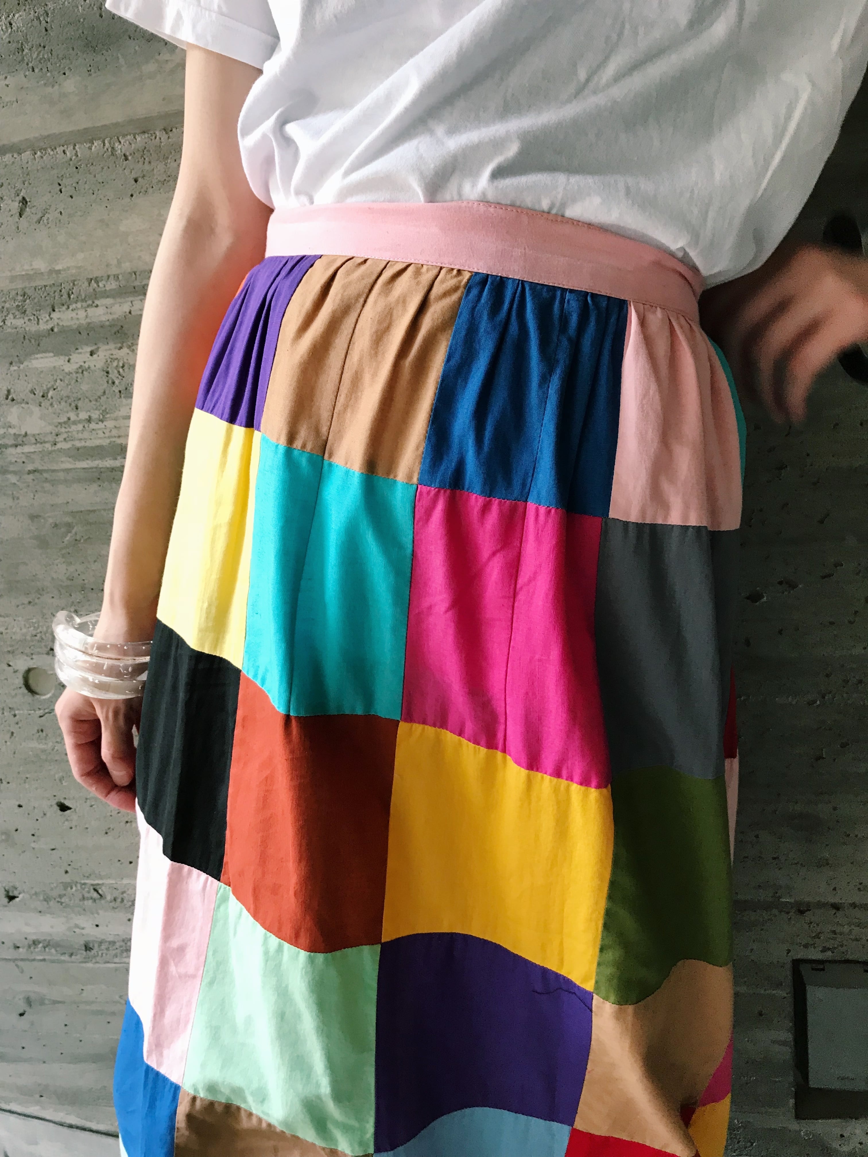 70s handmade multi color patchwork long cotton skirt ( ヴィンテージ ハンドメイド マルチカラー  パッチワーク コットン ロングスカート ) | Riyad vintage shop powered by BASE