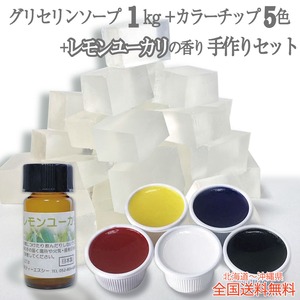 手作り石鹸 宝石石鹸 キット グリセリンソープ レモンユーカリの香りの素つき 1kg 1000グラム+カラーチップ５色 各15g + 香りの素5ml