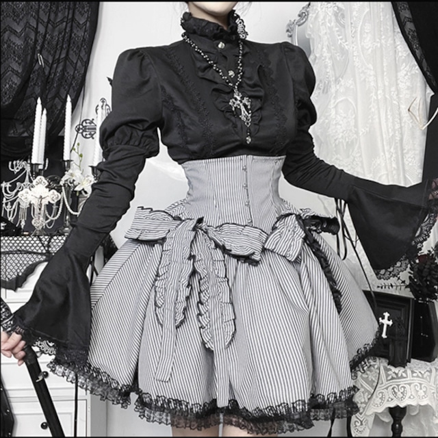 ウエストリボンストライプコルセットフレアスカート(lli_6290)