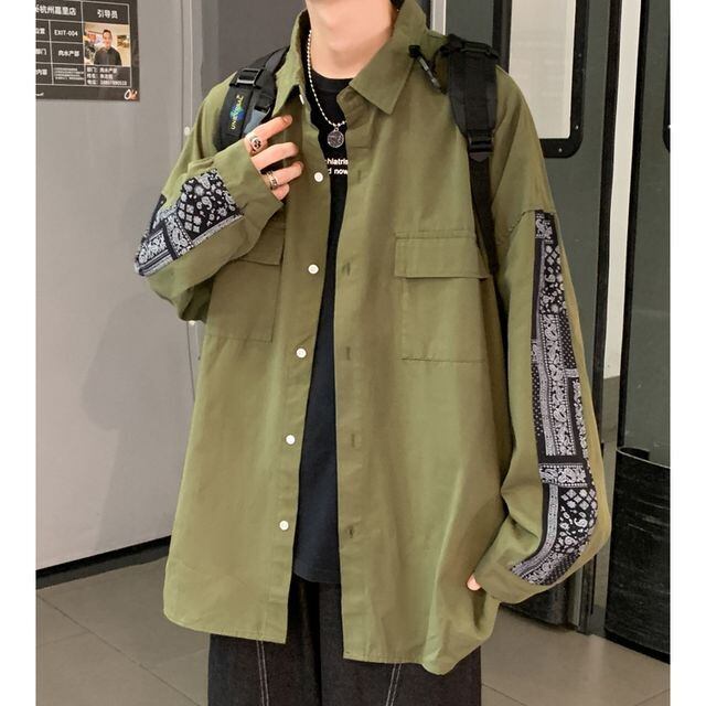 【予約販売】シャツ 長袖 ペイズリー柄 ミリタリー メンズ オーバーサイズ ブラック カーキ カジュアル ストリート こなれ感 お洒落 韓国 トレンド 秋冬 M/L/XL/2XL/3XL/4XL/5XL