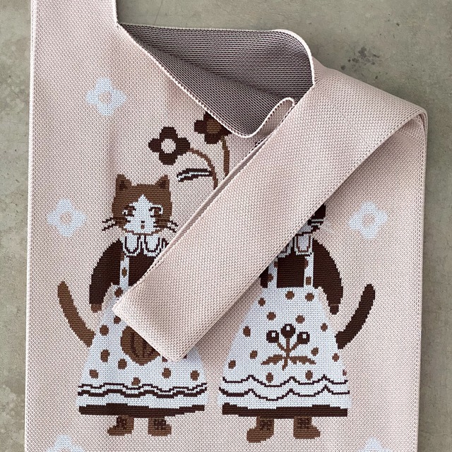 【Aiko Fukawa】布川愛子 KNIT MARCHE BAG  お花を掲げる猫たち ニットマルシェバッグ