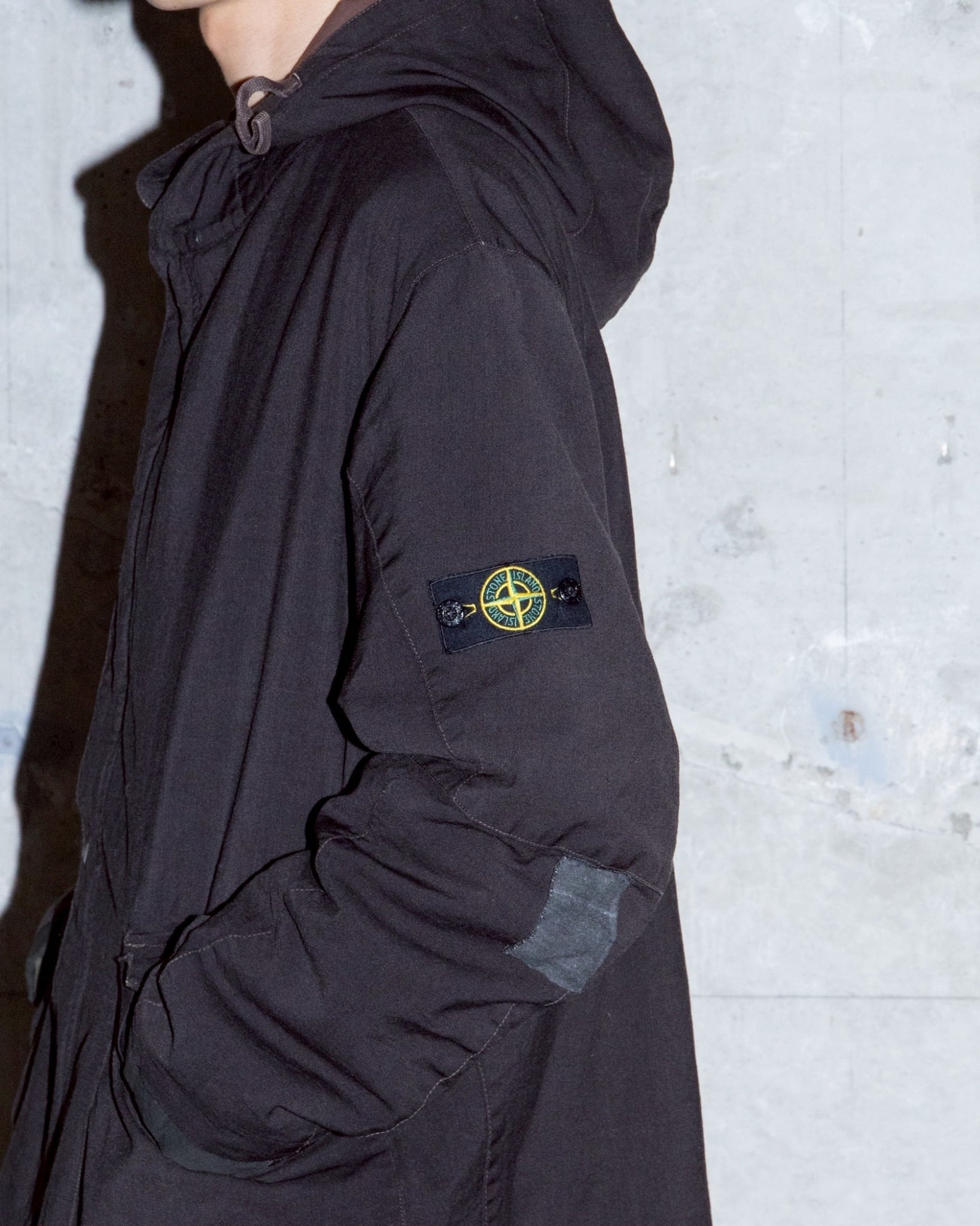 STONE ISLAND” padded hooded jacket / garment dyed wool shell