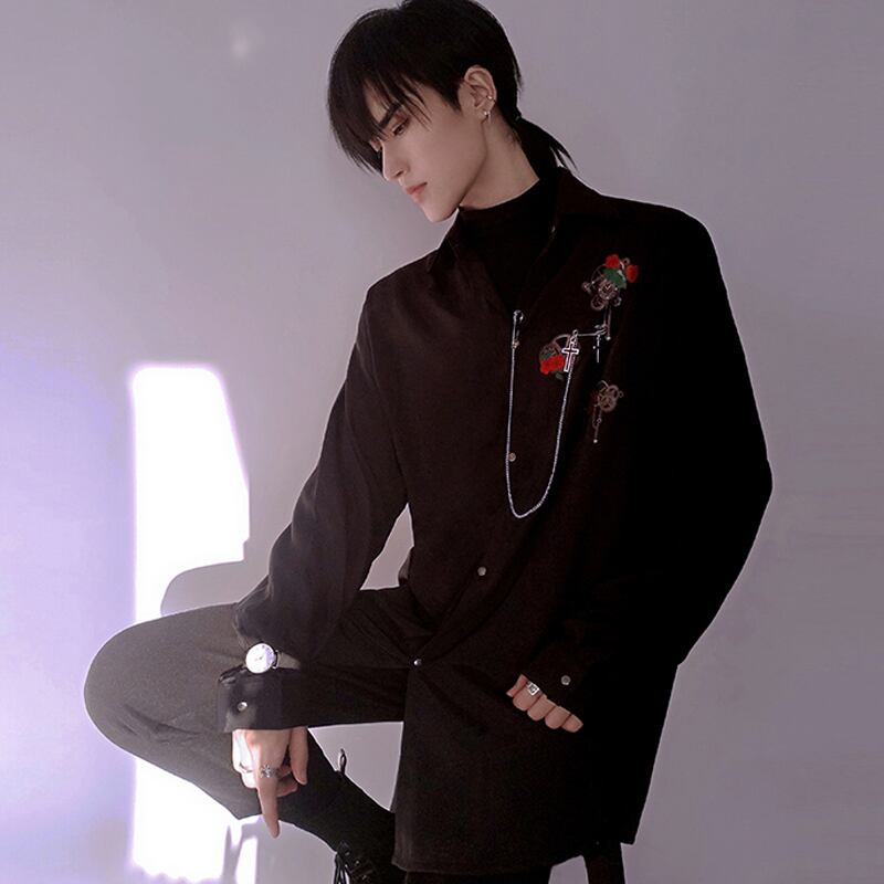 倉寶兒屋シリーズ チェーン付きシャツ 2color 黒or白 スチームパンク 薔薇 レトロ 男女兼用 メンズ Elegant