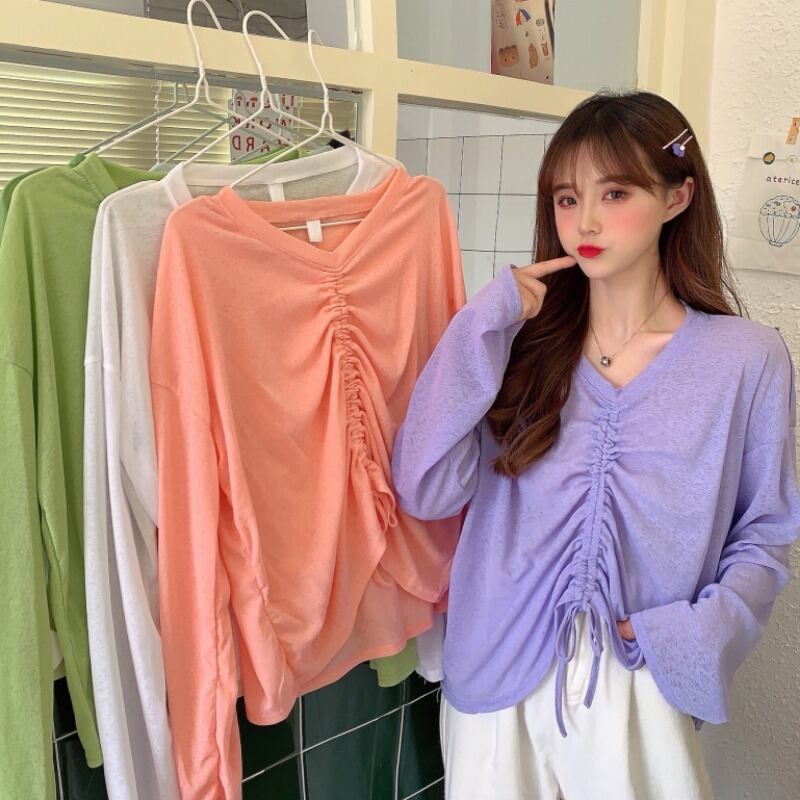 2020年夏の新バージョンのルーズな長袖ブラウスの女性のワイルドな痩身、慎重なマシンドローストリング日焼け止めTシャツ 1号婦人47019437297