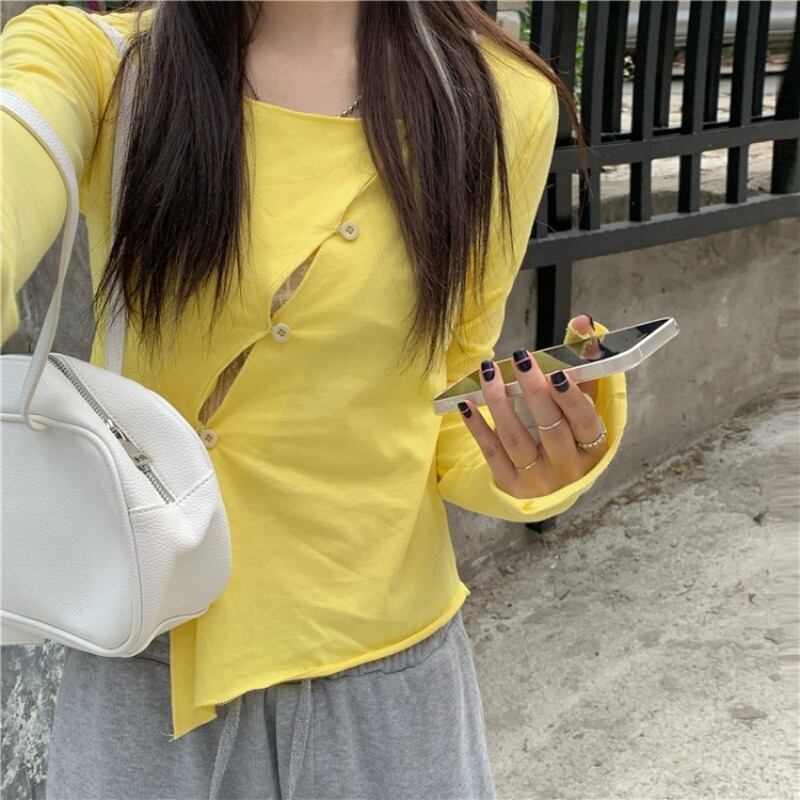 Tシャツ シャツ サマー薄手ショートスリムイエロートップス ロング 夏物 ブラックストロベリース1205196850