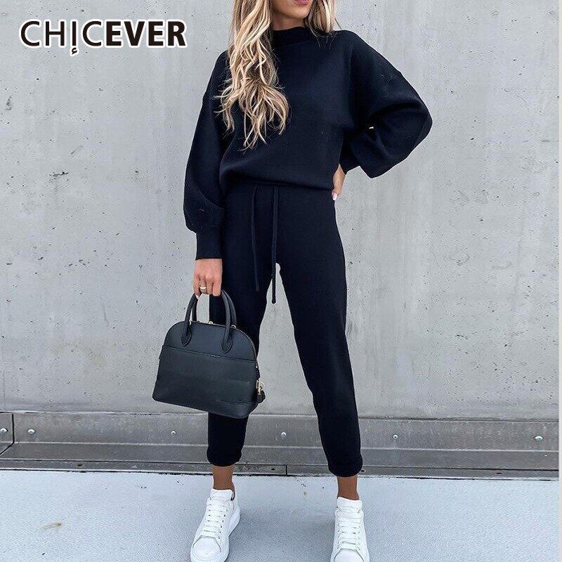 CHICEVERツーピースセット女性Oネック長袖トップスウエストレースアップワイドレッグパンツルーズセット2020服 ロング ワイドパンツ 6base555573604781