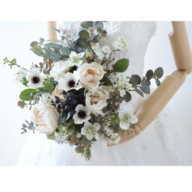 受注制作 ホワイトローズとアネモネのナチュラルウェディングブーケ ブートニアセット 造花ブーケ 白くすみグリーン はなまもり