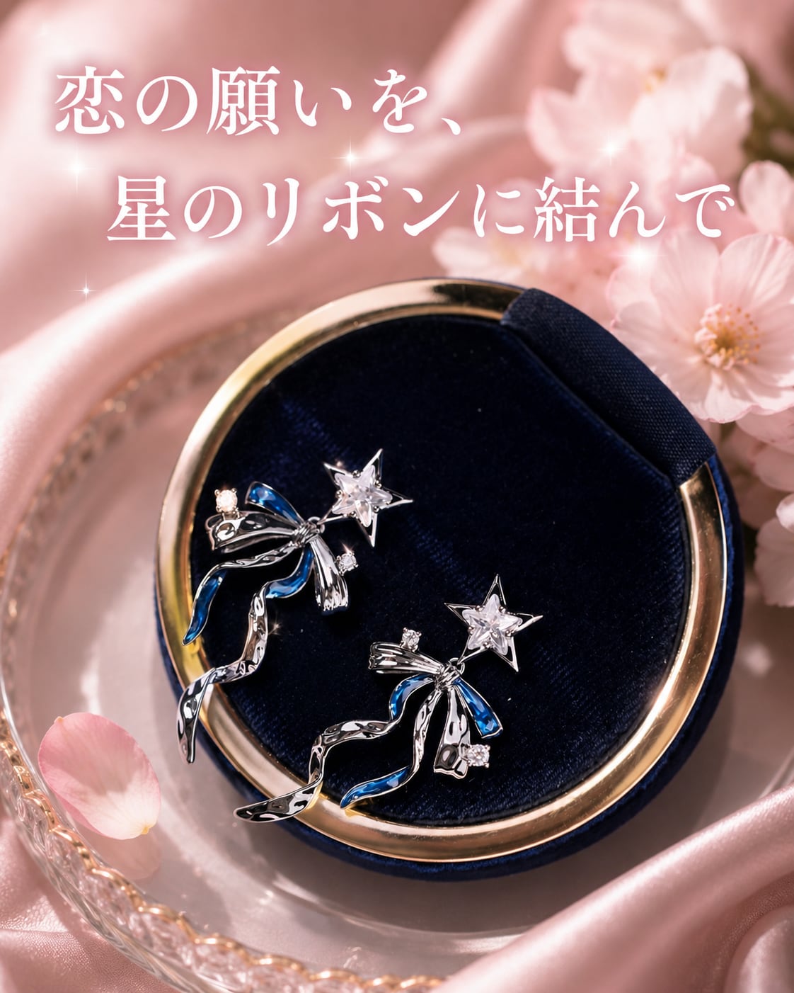 彼に会う夜の星リボン・ブルークリスタルの愛されピアス♥A28