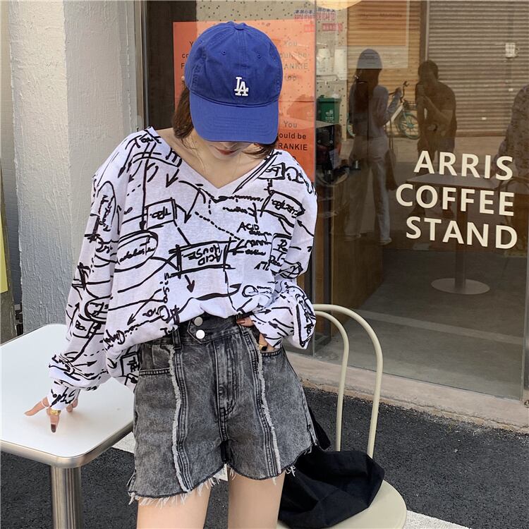 ルーズプリントVネックTシャツ カジュアルトップス サマー薄手 ロング 夏物 ドラファッションホール71644555779