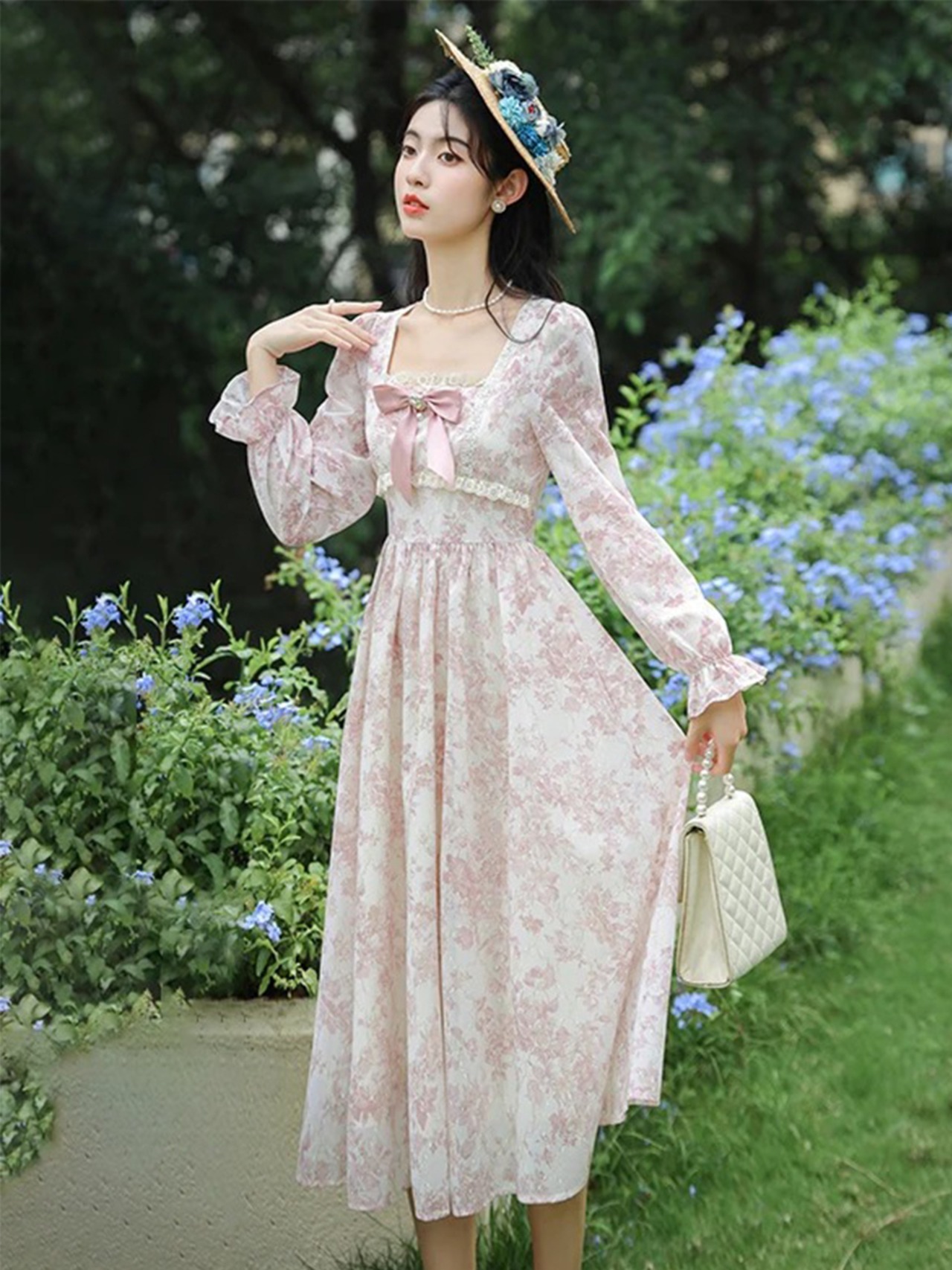 【0264】Pink Flower Ribbon Long Sleeve Dress
