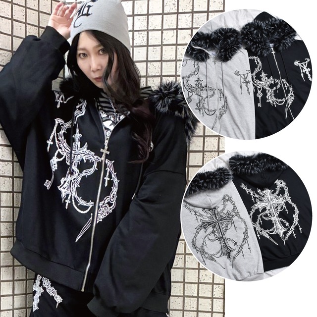 【3/26新着】クロスチェーンプリント ファーZIPパーカー