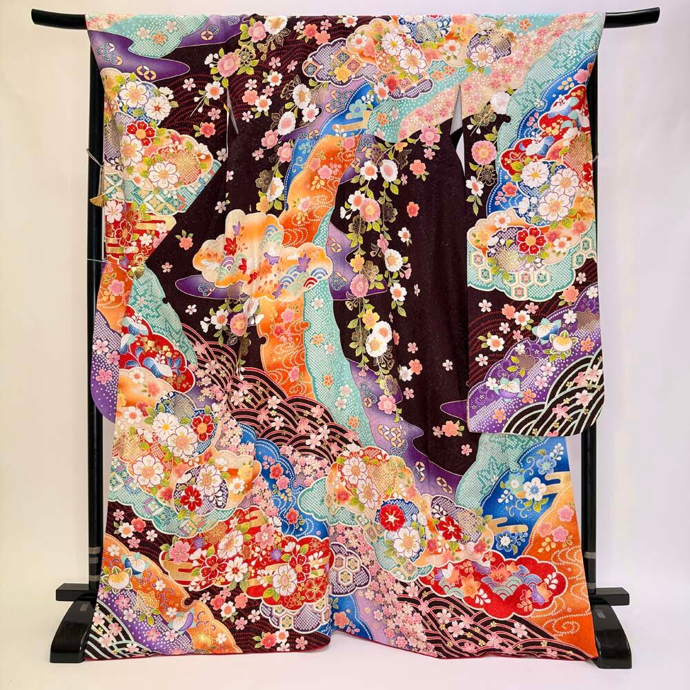振袖 中古 焦げ茶 茶色 正絹 古典 裄70cm 身丈170cm 美品 2L サイズ 成人式 6735
