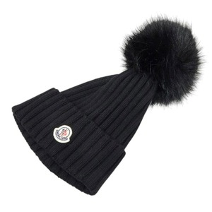 モンクレール ロゴ ポンポン付き ニットキャップ ニット帽 ブラック ウール レディース MONCLER 【中古】