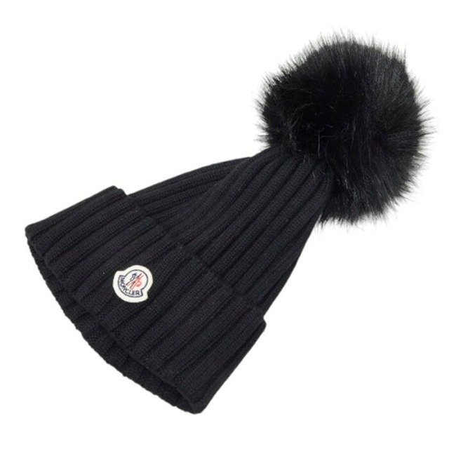 モンクレール ロゴ ポンポン付き ニットキャップ ニット帽 ブラック ウール レディース MONCLER 【中古】