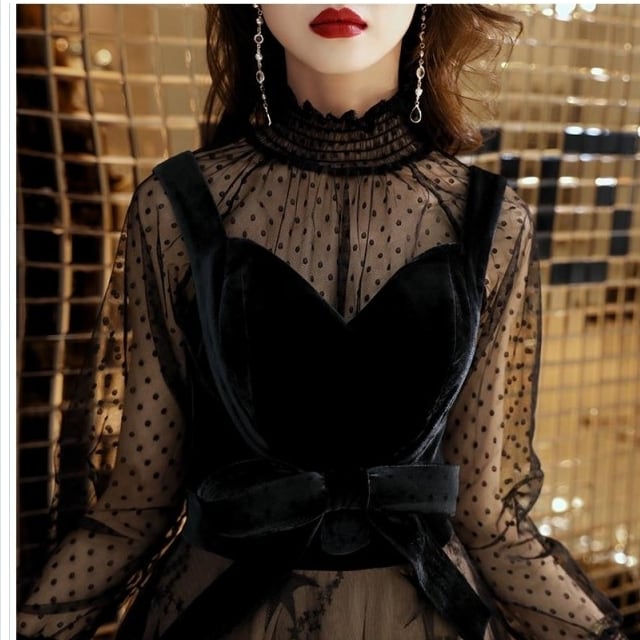 シースルー トップス 長袖 ワンピース シフォン レース 星柄 ドット