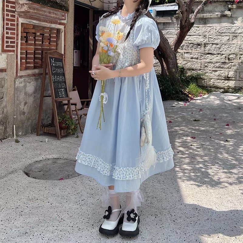 ワンピース 水色 ワンピース ゆったり 可愛い ガーリー 姫 リボン 花柄