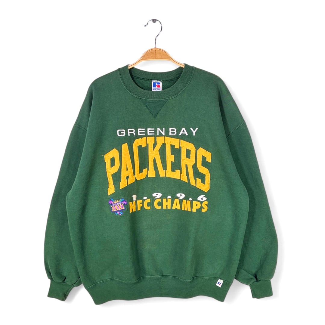 90s グリーンベイパッカーズ USA製 ヴィンテージスウェット ラッセル 深緑 前V NFL スーパーボウル GREEN BAY PACKERS サイズXL 古着 @CF0947
