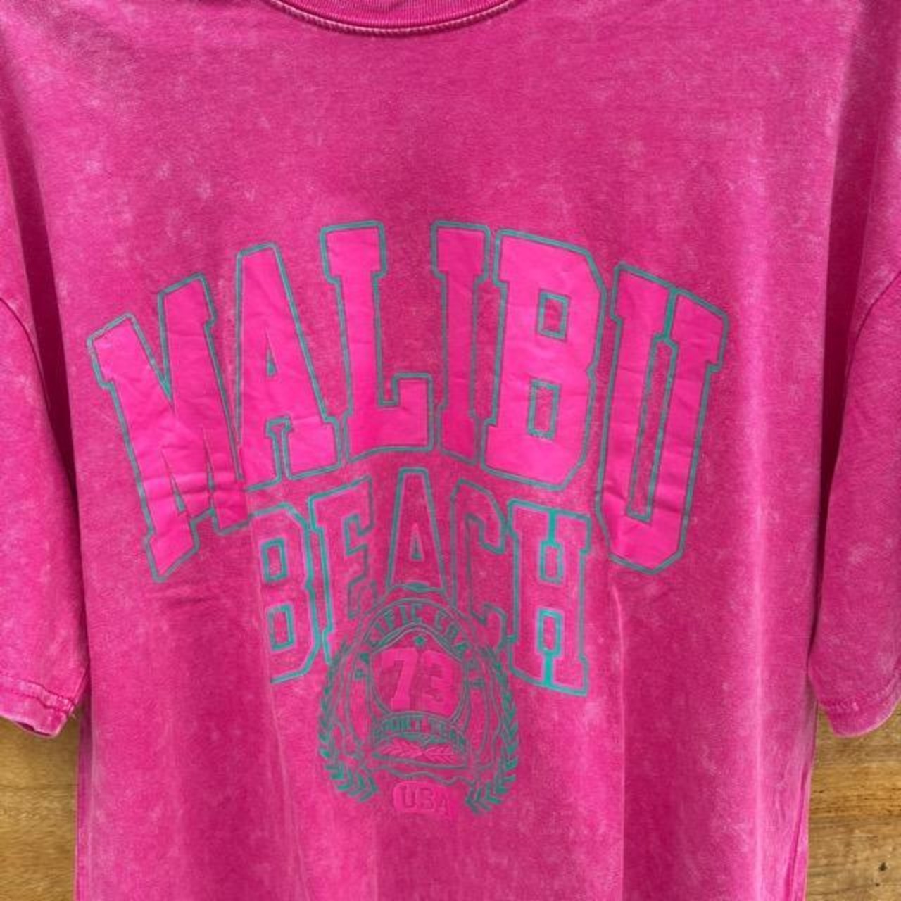 TOPANGA Lady's　ピグメントダイグラフィックTシャツ　MALIB BEACH　 ピンク　ロゴ　マリブビーチ　カットソー　M　L　XL　メンズ　レディース　ユニセックス