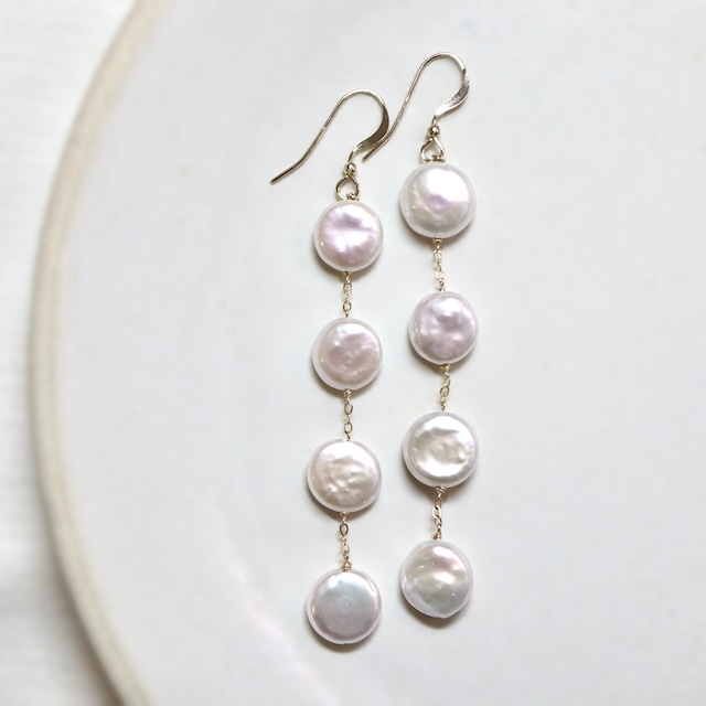 Coin pearl four connect earrings
