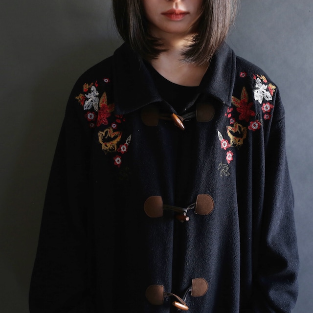 flower embroidery wide silhouette fleece duffle coat