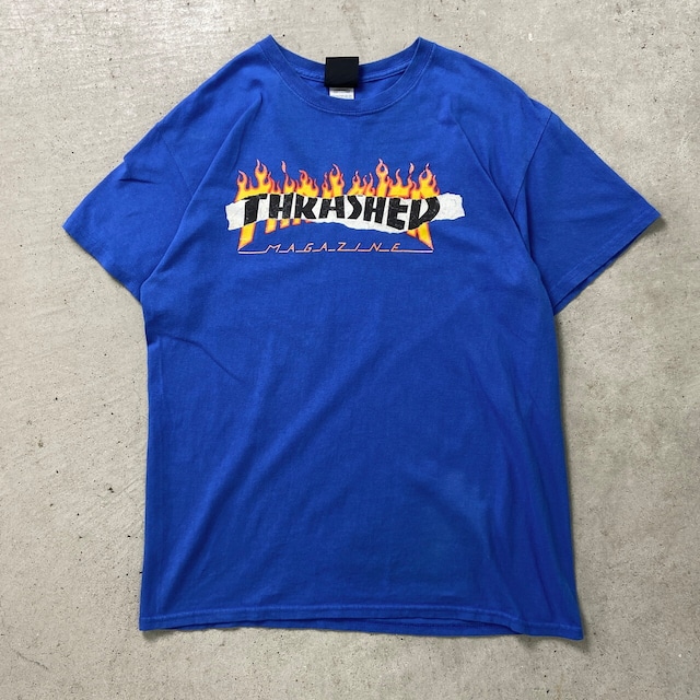 THRASHER FLAME LOGO スラッシャー フレイム ロゴ プリントTシャツ メンズM レディース 古着 スケート 青色【Ｔシャツ】/ブルー