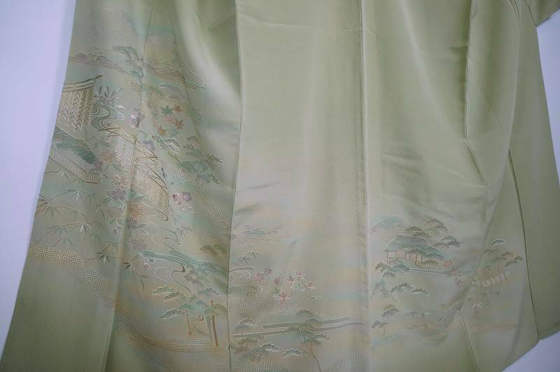 スワトウ刺繍 日本橋かのこ謹製 訪問着 正絹 ちりめん 京風景 薄柳色 173