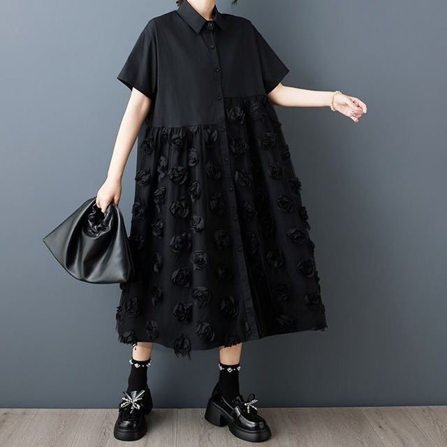 MESH SHORT SLEEVE MIDI SHIRT DRESS M-17600