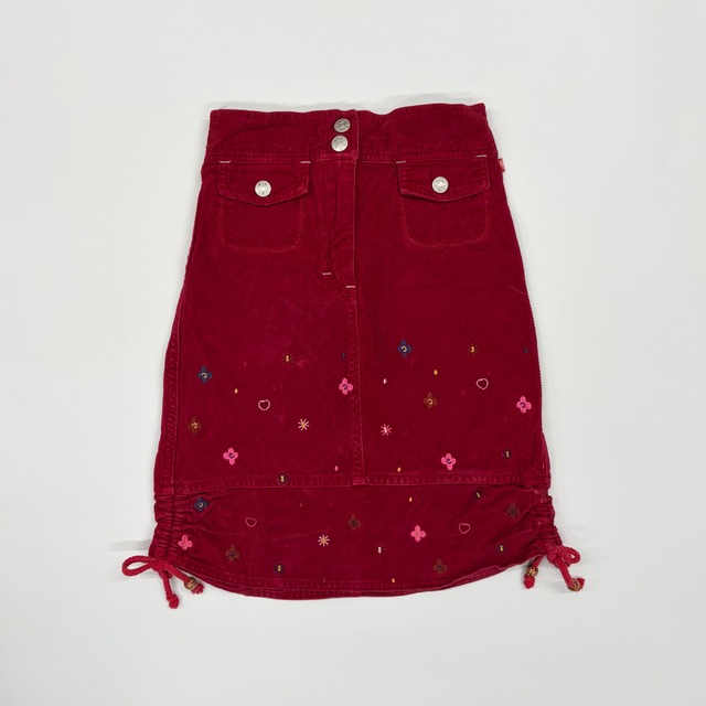 【5-8T】Embroidered corduroy skirt 刺繍入り コーデュロイ タイトスカート 赤