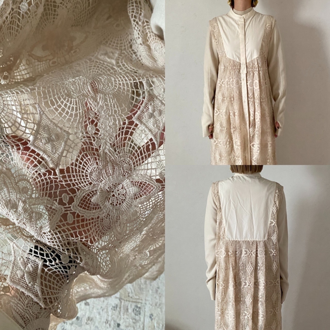 antique lace long gilet OP/cream