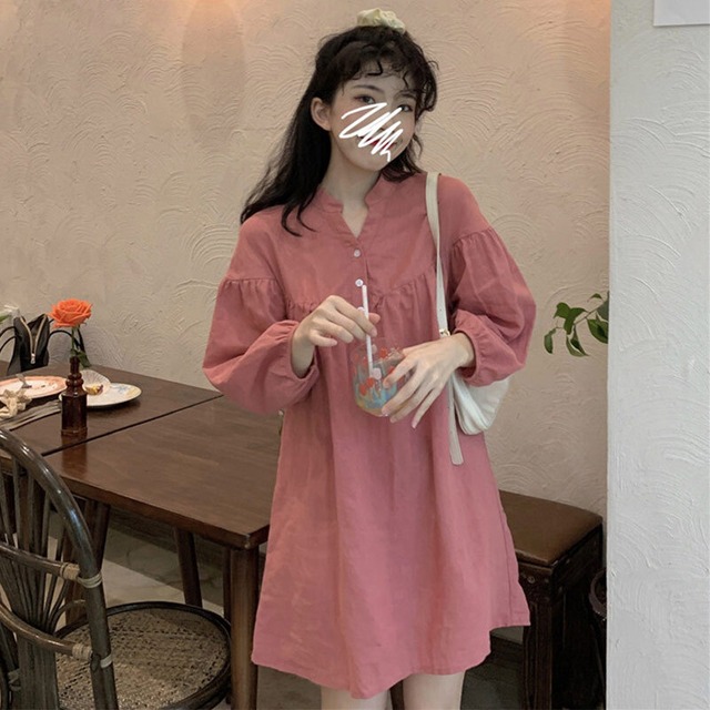 ドレス スプリングスタンダードスカート ルーズVネックショート レトロ 春物 萌量不足58504279136