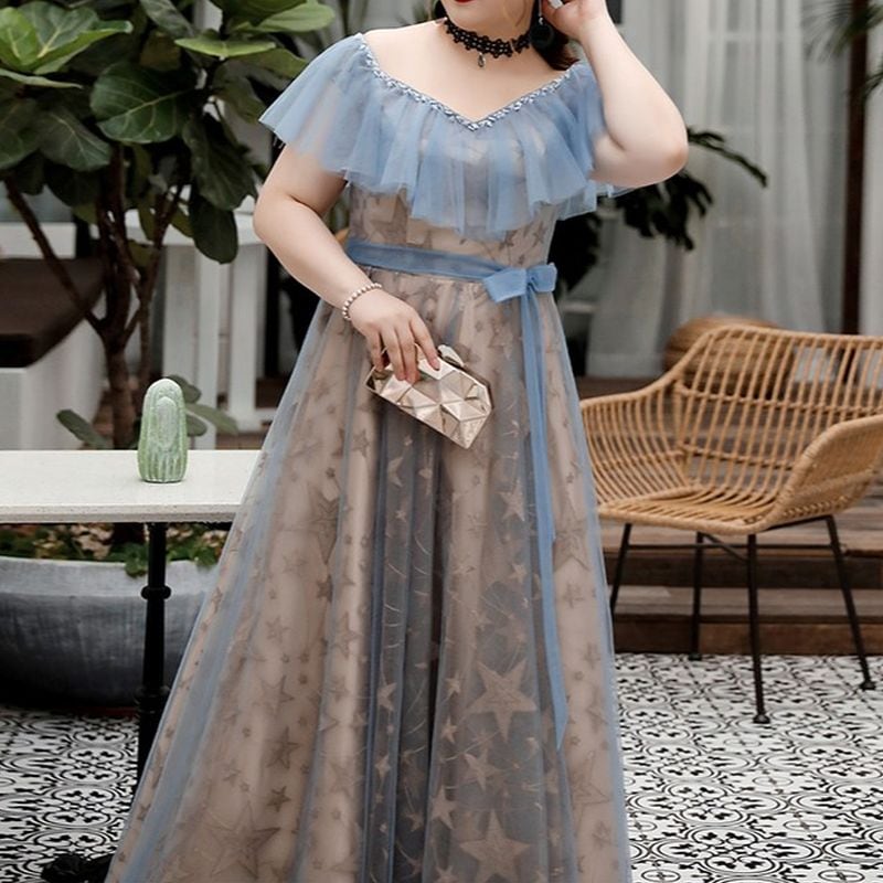 3XL〜7XL】星柄フリルスリーブチュールドレス D1607 | 演奏会