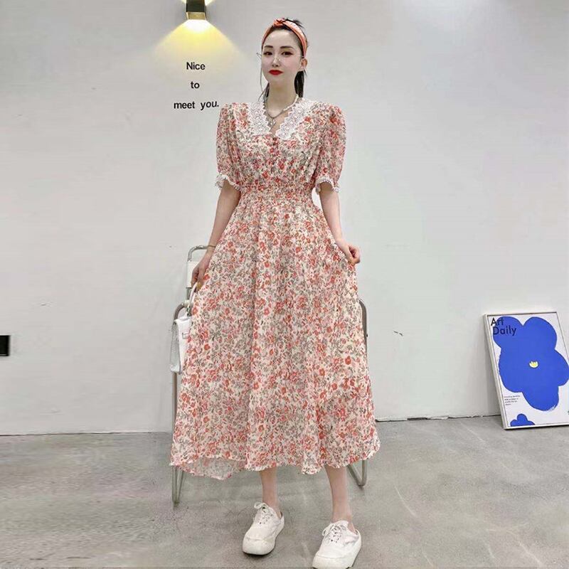 サマーレースVネックフローラルストレッチウェスト薄手ドレス ロングスカート エラスティック 伸縮 大きめサイズ 大人ガーリー スウィート キュート カジュアル 夏物 花柄 ミックスインファッション1050486679