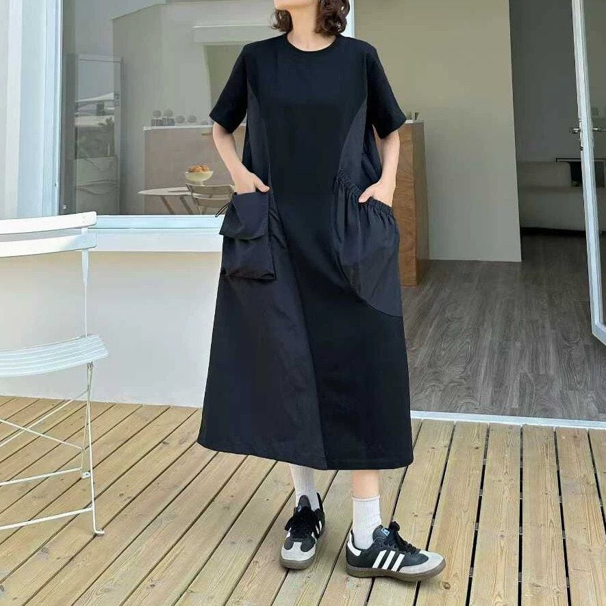 CONTRAST LAYERED SHORT SLEEVE MIDI DRESS M-16863
