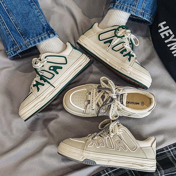 【予約販売】スニーカー 韓国 メンズ スニーカー 靴 グリーン/クリーム デザイン お洒落 カジュアル ストリート 24.5cm/25cm/25.5cm/26cm/26.5cm/27cm