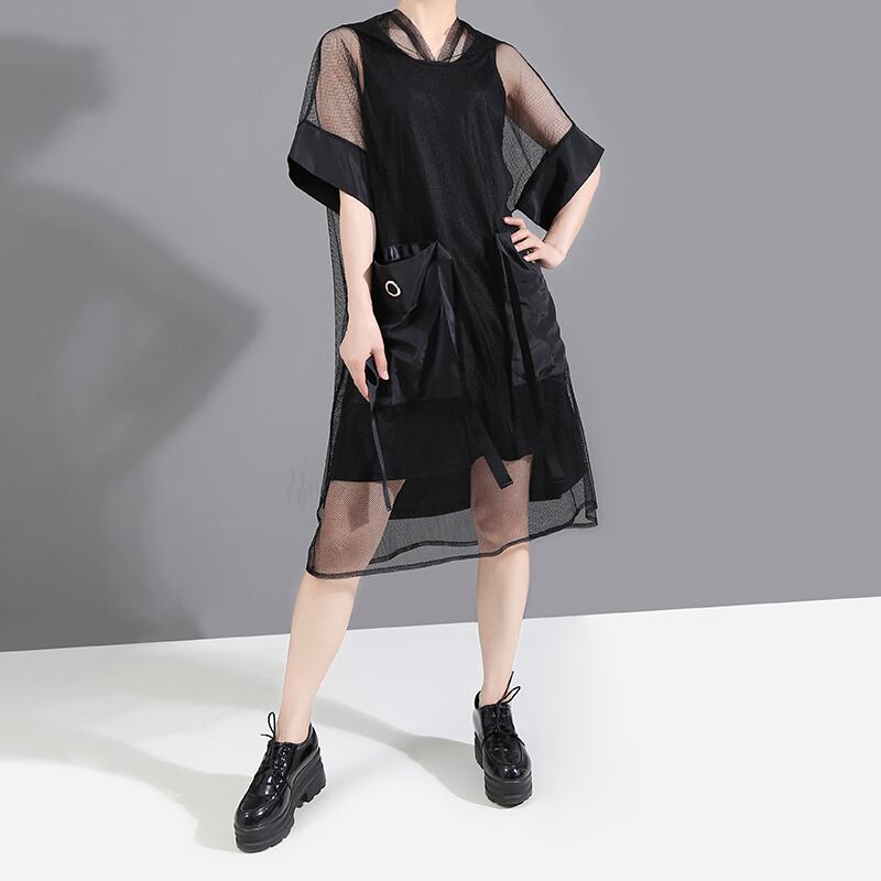 サブカル 服 地雷系 通販 モード系 ワンピ メッシュ フード付き オーガンジー シアー 透け感 大人きれいめ 黒ゴス ゴシック ロリータ