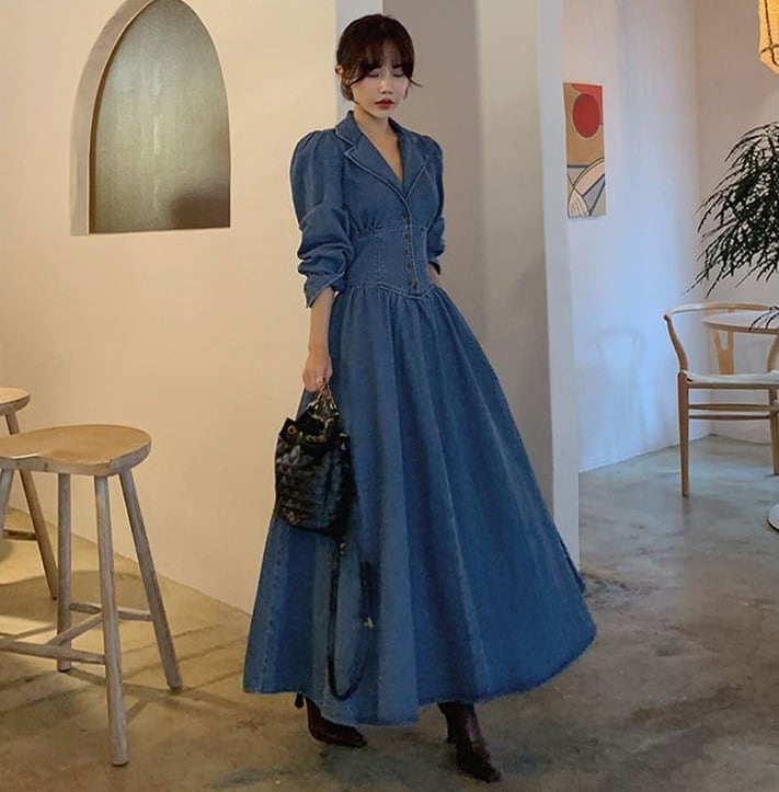 デニムワンピース ロング ワンピース デニム おしゃれ きれいめ かわいい 長袖 かっこいい ワンピ ドレス カジュアル 無地 シャツ風 春 夏 秋 10代 代 30代 40代 大人カジュアル ワンピース コーデ 大きいサイズ Xl 2xl シャツワンピース ブルー デニム ワンピ Vネック