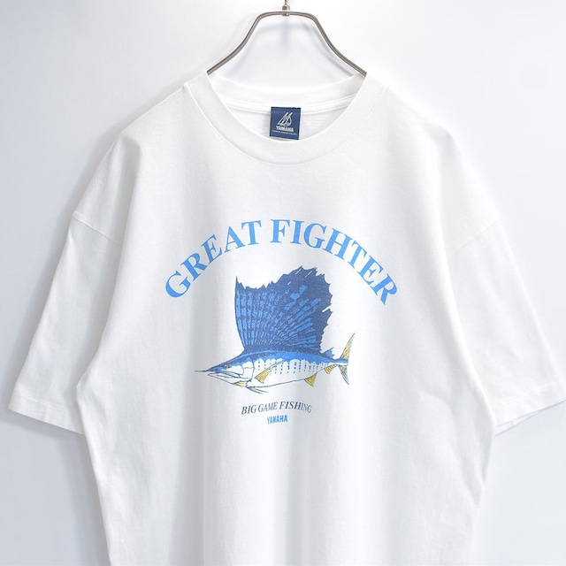 90s YAMAHA ヤマハ クルーネック カジキマグロ グラフィック デザイン フィッシング Tシャツ 魚プリント マリンスポーツ トップス ホワイト USED ヴィンテージ ビンテージ 古着 メンズL相当